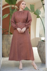 Neva Style - Kemerli Kahverengi Tesettür Elbise 661KH - Thumbnail