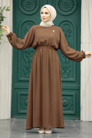 Neva Style - Kemerli Kahverengi Tesettür Elbise 89621KH - Thumbnail