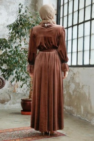 Neva Style - Kemerli Kahverengi Tesettür Kadife Elbise 37291KH - Thumbnail