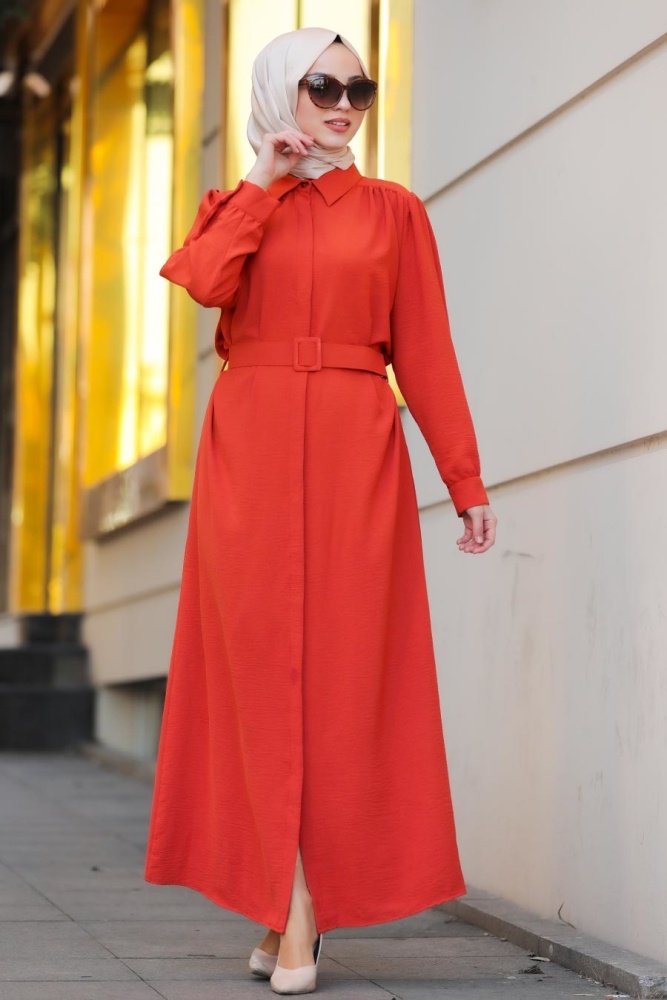 Neva Style - Kemerli Kiremit Tesettür Elbise 10062KRMT - 1