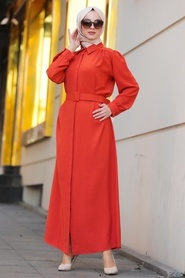Neva Style - Kemerli Kiremit Tesettür Elbise 10062KRMT - Thumbnail