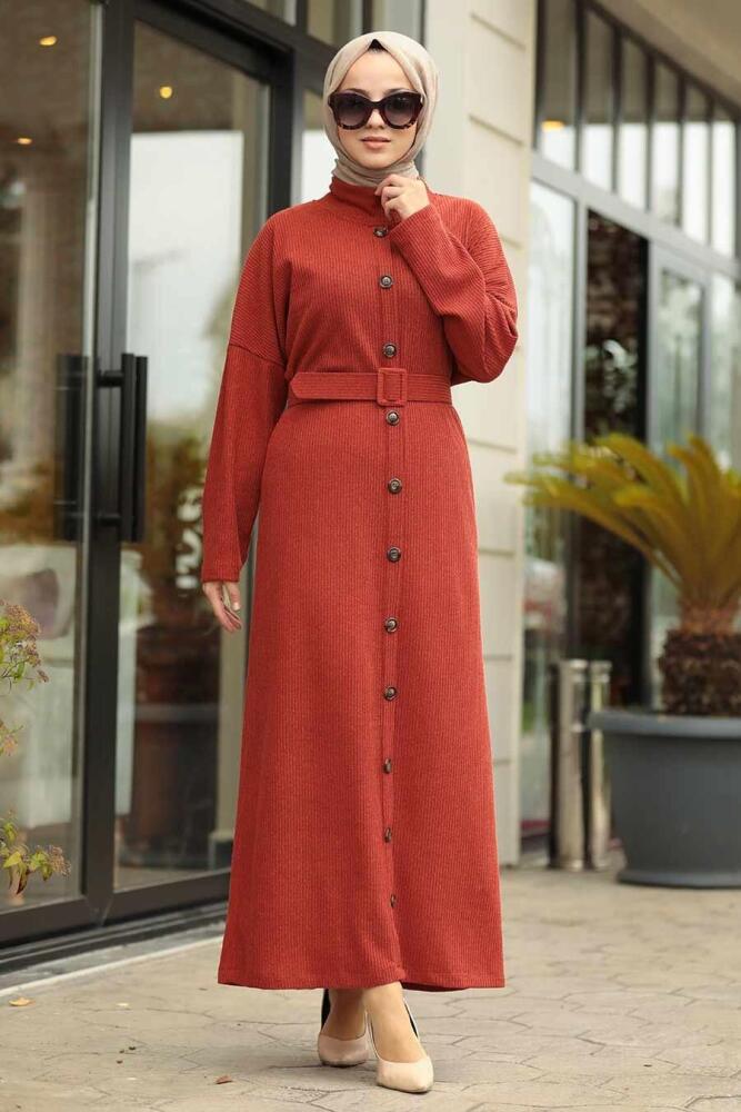 Neva Style - Kemerli Kiremit Tesettür Elbise 12015KRMT - 1