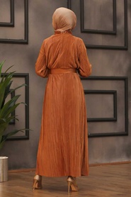 Neva Style - Kemerli Kiremit Tesettür Elbise 12151KRMT - Thumbnail