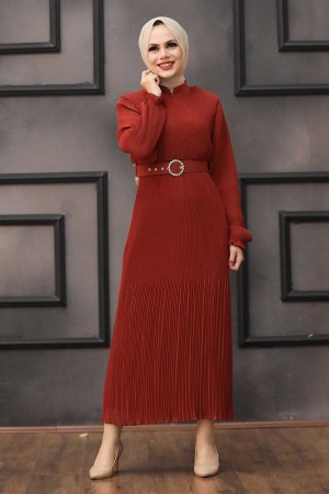 Neva Style - Kemerli Kiremit Tesettür Elbise 2751KRMT - 1