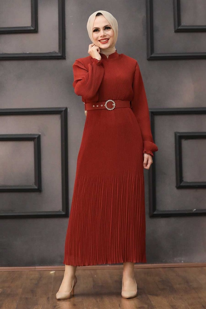 Neva Style - Kemerli Kiremit Tesettür Elbise 2751KRMT - 1