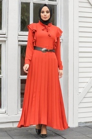 Neva Style - Kemerli Kiremit Tesettür Elbise 4434KRMT - Thumbnail