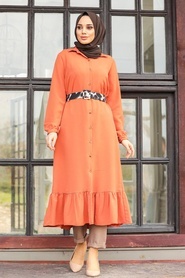 Neva Style - Kemerli Kiremit Tesettür Elbise 447KRMT - Thumbnail