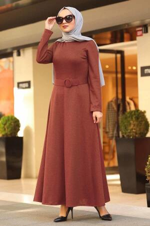 Neva Style - Kemerli Kiremit Tesettür Elbise 5062KRMT - 1