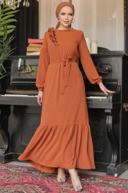 Neva Style - Kemerli Kiremit Tesettür Elbise 659KRMT - Thumbnail