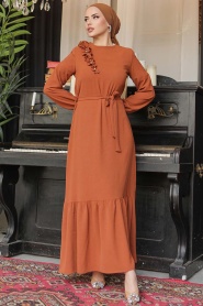 Neva Style - Kemerli Kiremit Tesettür Elbise 659KRMT - Thumbnail
