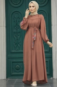 Neva Style - Kemerli Kiremit Tesettür Elbise 8889KRMT - Thumbnail