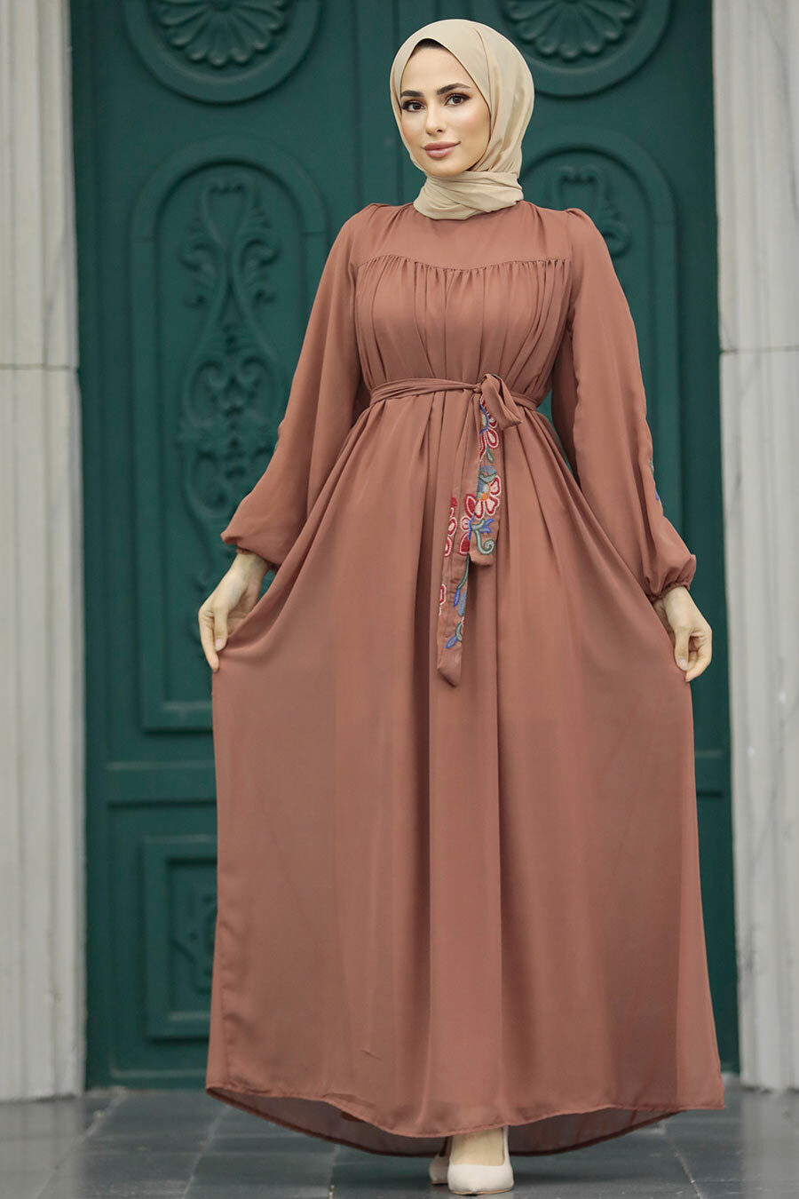 Neva Style - Kemerli Kiremit Tesettür Elbise 8889KRMT