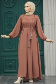 Neva Style - Kemerli Kiremit Tesettür Elbise 8889KRMT - Thumbnail