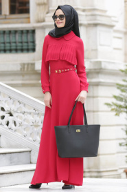 Neva Style - Kemerli Kırmızı Elbise - Thumbnail