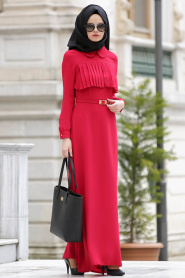 Neva Style - Kemerli Kırmızı Elbise - Thumbnail