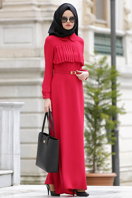 Neva Style - Kemerli Kırmızı Elbise