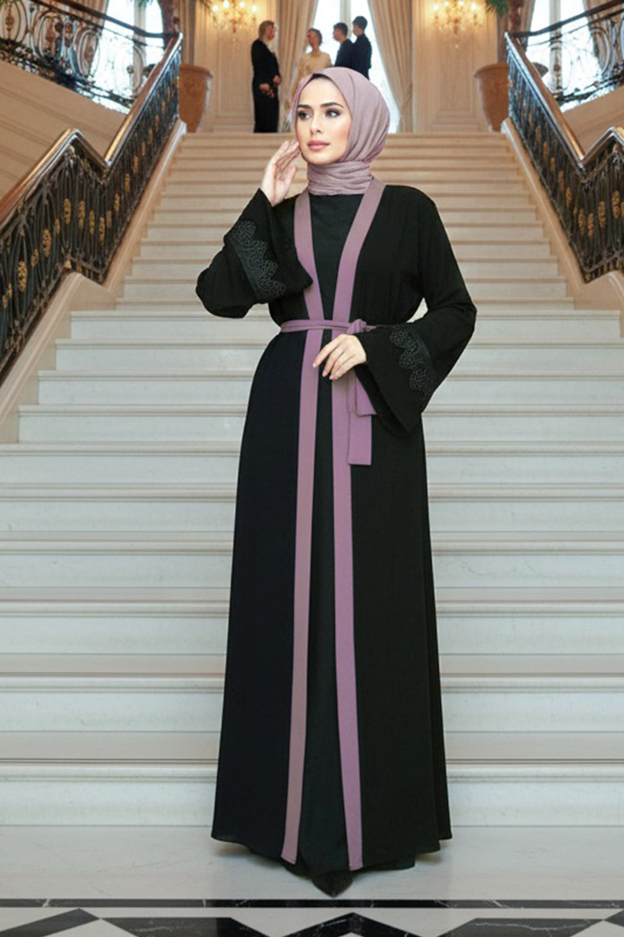  Kemerli Koyu Gül Kurusu Tesettür Abaya 55440KGK