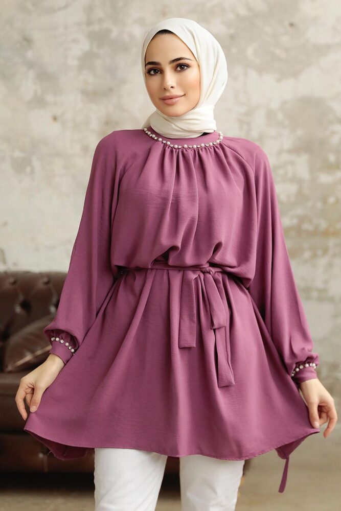 Neva Style - Kemerli Koyu Gül Kurusu Tesettür Tunik 597KGK - 1