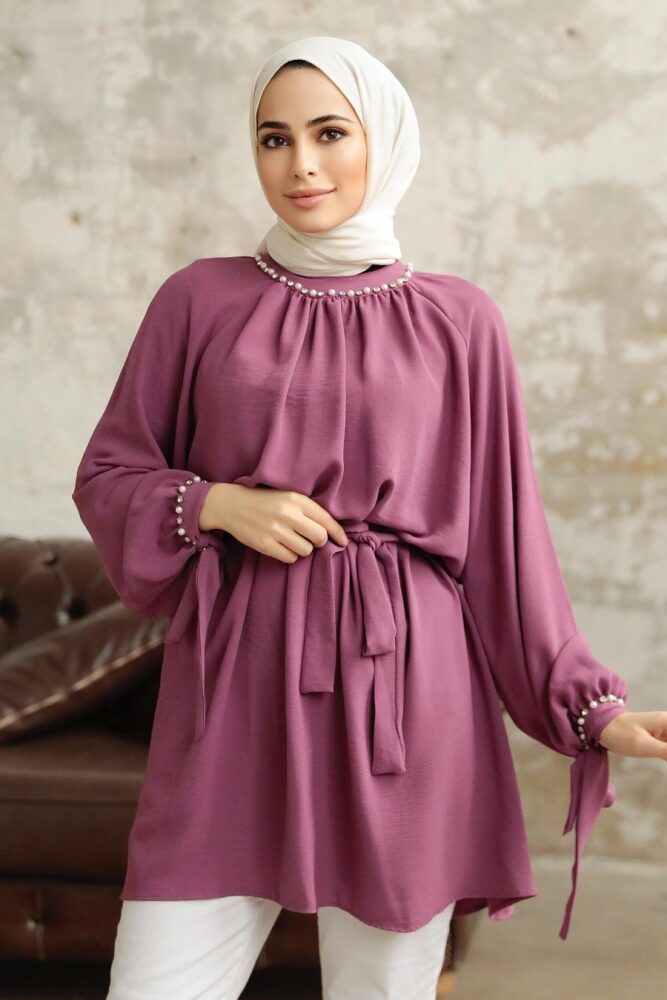 Neva Style - Kemerli Koyu Gül Kurusu Tesettür Tunik 597KGK - 2