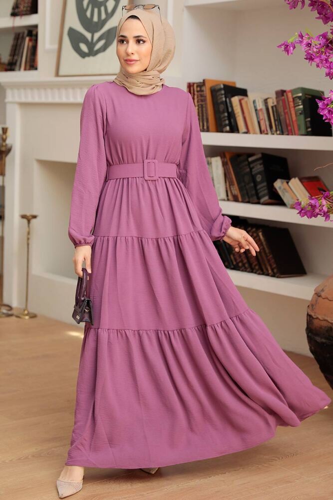 Neva Style - Kemerli Koyu Lila Tesettür Elbise 13024KLILA - 1