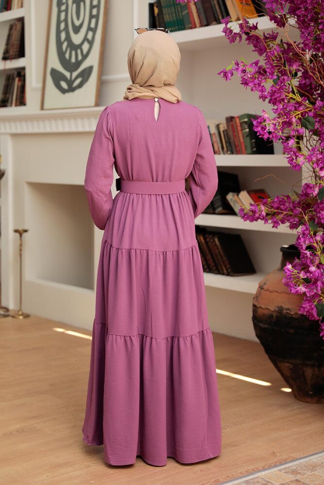 Neva Style - Kemerli Koyu Lila Tesettür Elbise 13024KLILA - 2