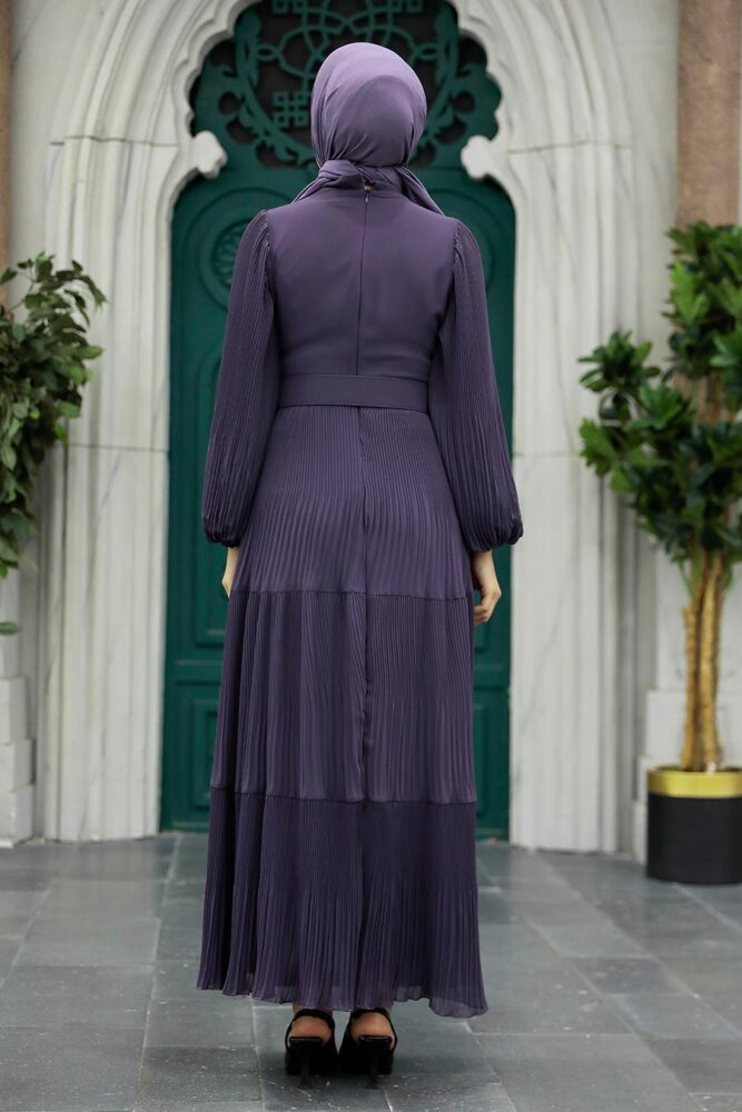 Neva Style - Kemerli Koyu Lila Tesettür Elbise 3590KLILA - 4