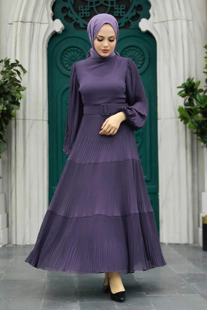 Neva Style - Kemerli Koyu Lila Tesettür Elbise 3590KLILA - 1