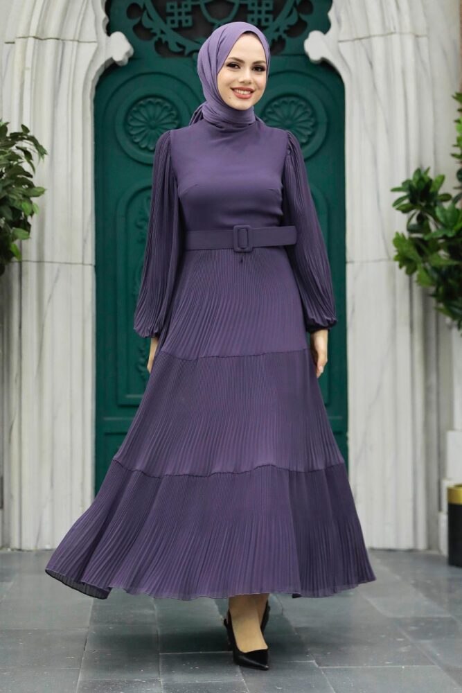 Neva Style - Kemerli Koyu Lila Tesettür Elbise 3590KLILA - 2
