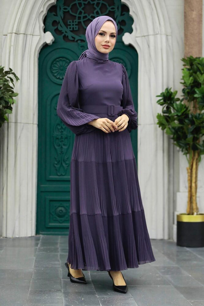 Neva Style - Kemerli Koyu Lila Tesettür Elbise 3590KLILA - 3