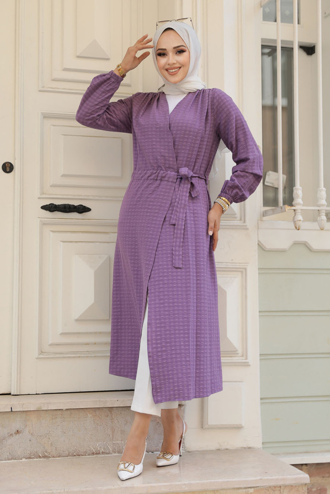 Neva Style - Kemerli Koyu Lila Tesettür Kimono 457KLILA - 2