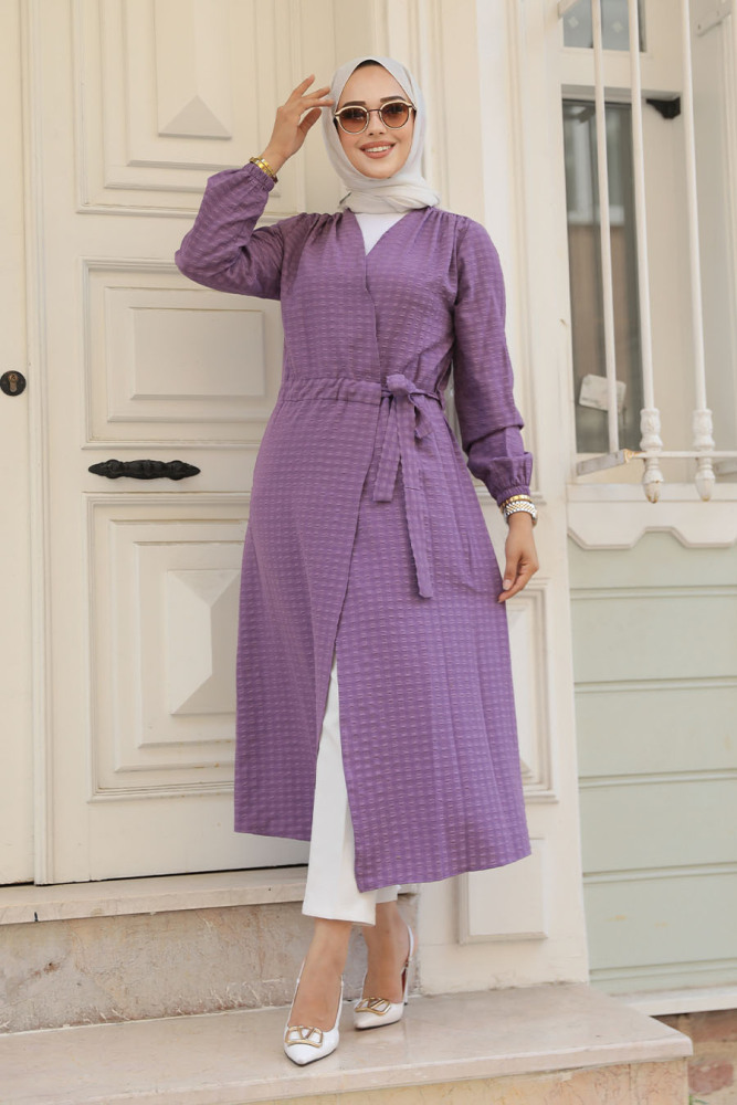 Neva Style - Kemerli Koyu Lila Tesettür Kimono 457KLILA - 3