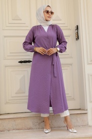 Neva Style - Kemerli Koyu Lila Tesettür Kimono 457KLILA - Thumbnail