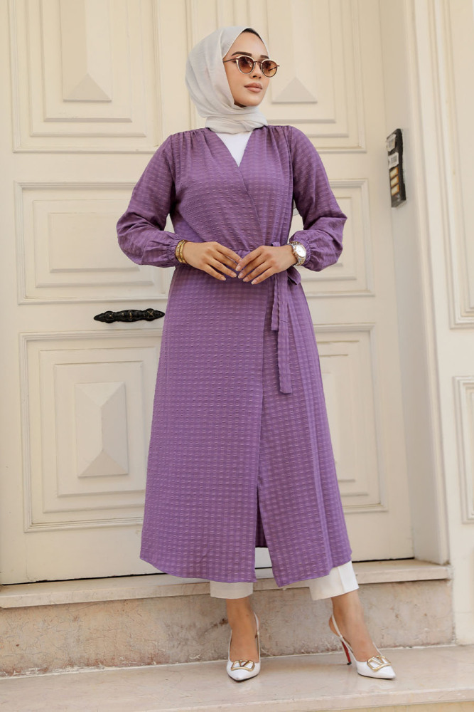 Neva Style - Kemerli Koyu Lila Tesettür Kimono 457KLILA - 1