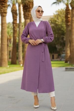 Neva Style - Kemerli Koyu Lila Tesettür Kimono 457KLILA - 1