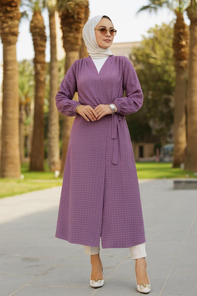 Neva Style - Kemerli Koyu Lila Tesettür Kimono 457KLILA - 1