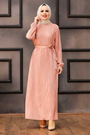 Neva Style - Kemerli Koyu Somon Tesettür Elbise 12151KSMN - Thumbnail