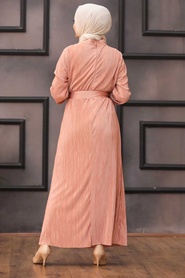Neva Style - Kemerli Koyu Somon Tesettür Elbise 12151KSMN - Thumbnail