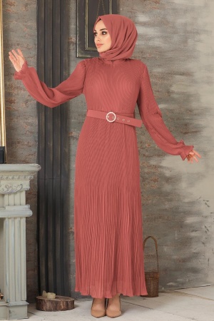 Neva Style - Kemerli Koyu Somon Tesettür Elbise 2751KSMN - 1