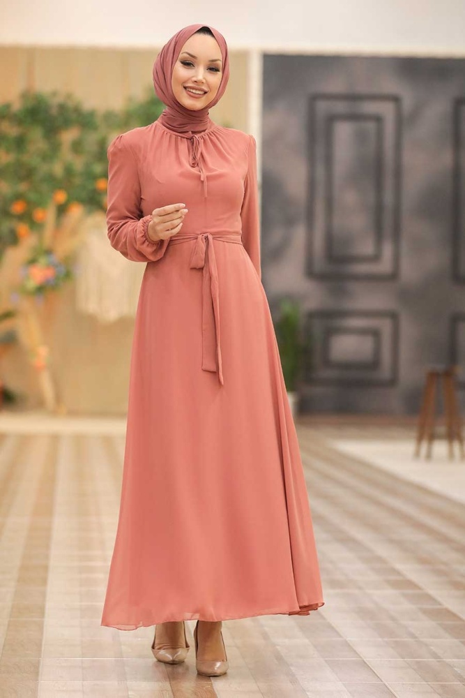 Neva Style - Kemerli Koyu Somon Tesettür Elbise 27922KSMN - 1