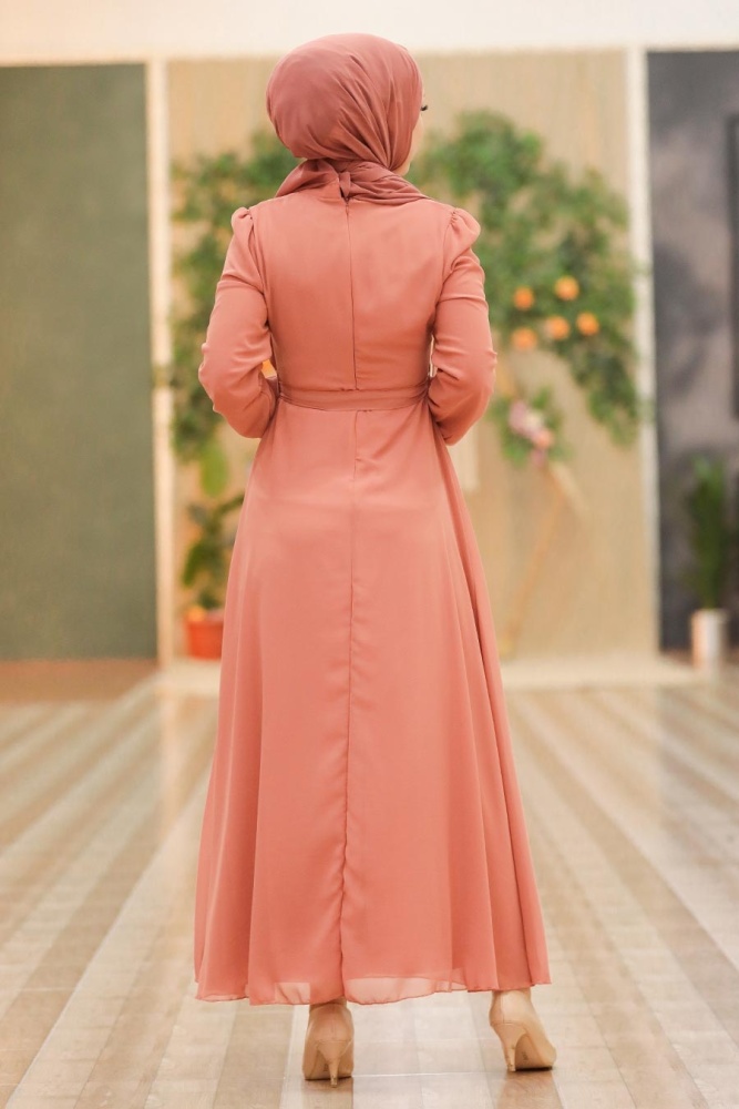 Neva Style - Kemerli Koyu Somon Tesettür Elbise 27922KSMN - 2