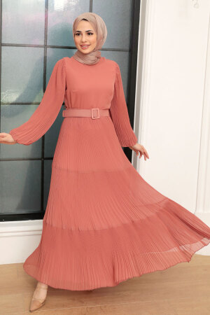  Neva Style - Kemerli Koyu Somon Tesettür Elbise 3590KSMN - 1