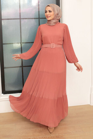  Neva Style - Kemerli Koyu Somon Tesettür Elbise 3590KSMN - 2