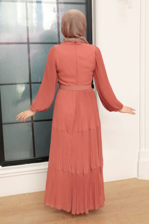  Neva Style - Kemerli Koyu Somon Tesettür Elbise 3590KSMN - 3