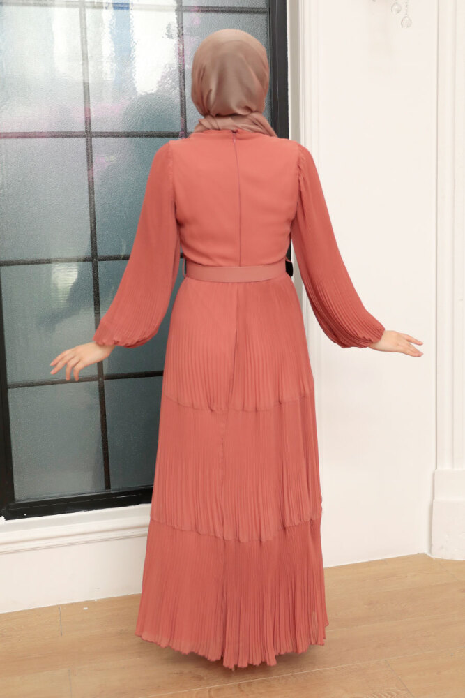  Neva Style - Kemerli Koyu Somon Tesettür Elbise 3590KSMN - 3