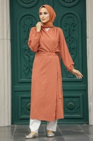 Neva Style - Kemerli Koyu Somon Tesettür Kimono 457KSMN - Thumbnail