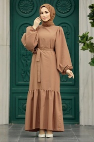 Neva Style - Kemerli Koyu Vizon Tesettür Elbise 57350KV - Thumbnail