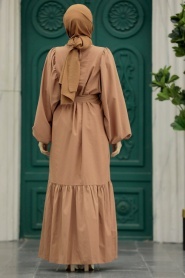 Neva Style - Kemerli Koyu Vizon Tesettür Elbise 57350KV - Thumbnail