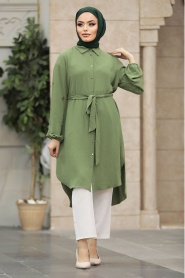 Neva Style - Kemerli Koyu Yeşil Tesettür Tunik 21095KY - Thumbnail