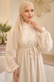  Neva Style - Kemerli Krem Tesettür Elbise 14121KR - Thumbnail