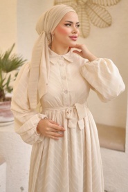  Neva Style - Kemerli Krem Tesettür Elbise 14121KR - Thumbnail
